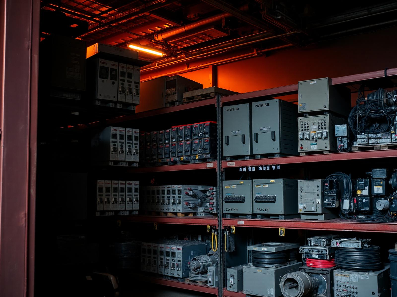 Organized surplus electrical inventory — breakers, panels, and switchgear on warehouse shelving